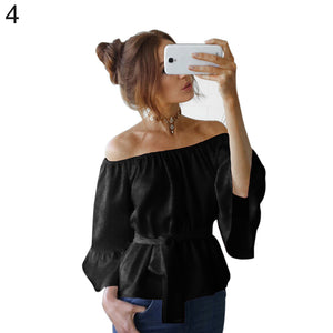 Fashion Women Summer Chiffon Off Shoulder Beach Party Top Solid Color Blouse