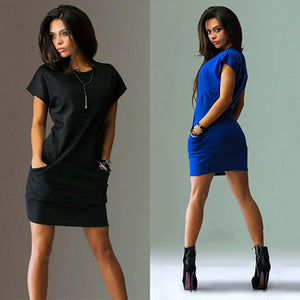 Women's Summer Casual Sexy Round Neck Short Sleeve Solid Pockets Mini Dress