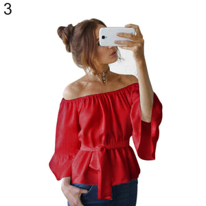 Fashion Women Summer Chiffon Off Shoulder Beach Party Top Solid Color Blouse