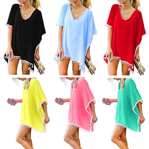 Women Summer Chiffon Pompom Trim Tassel Beach Dress Swimsuit Bikini Cover Up