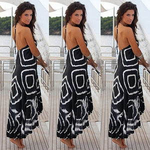 Women's Sexy Halter Neck Sleeveless Backless Printing Irregular Maxi Long Dress