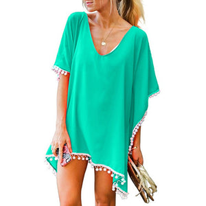 Women Summer Chiffon Pompom Trim Tassel Beach Dress Swimsuit Bikini Cover Up