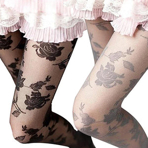 Women Fashion Rose Pattern Tight Lace Pantyhose Sexy See-through Stockings