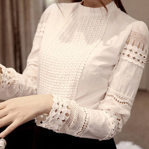 Women's Casual Lace Crochet Hollow Slim Blouses Long Sleeve White Shirt Top