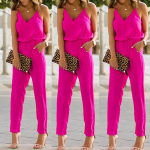 Women Summer Spaghetti Strap Sleeveless Jumpsuit Solid Color One-Piece Romper