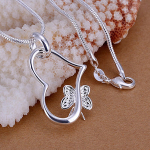 Women's Jewelry 925 Sterling Silver Hollow Heart Butterfly Pendant Necklace