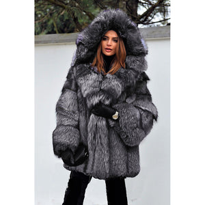 Party  Faux Fur Coat, Solid Colored Hooded Long Sleeve Faux Fur Gray