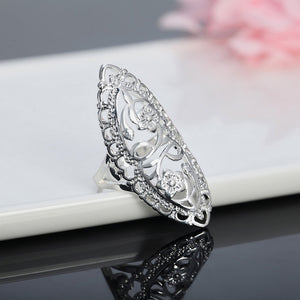 Women Silver Plated Retro Inlaid Carving Flower Hollow Ring Jewelry Party Gift
