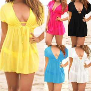 Women Beach Dress Cover Up Solid Color Summer Swimwear Deep V-Neck Sexy Sarong