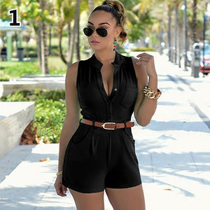 Women's Summer Sexy V-Neck Sleeveless Solid Color Playsuit Jumpsuit with Belt