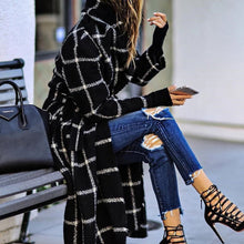 Load image into Gallery viewer, Women&#39;s Long Trench Coat, Plaid Rolled collar Long Sleeve Polyester Black