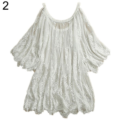 Women Summer Beach Sexy Boho Off Shoulder Floral Lace Hollow Top Cover Up