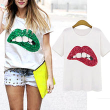 Load image into Gallery viewer, Women&#39;s Fashion Loose Casual Cotton Short Sleeve Lip Sequins Blouse T-shirt Tops