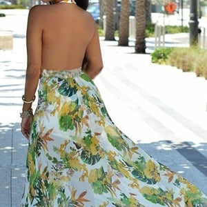 Women Bohemia Flower Print Halter V-Neck Backless Long Maxi Dress + Shorts
