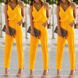 Women Summer Spaghetti Strap Sleeveless Jumpsuit Solid Color One-Piece Romper