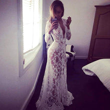 Load image into Gallery viewer, Women Sexy Deep V Neck Long Sleeve Lace See Through Evening Party Maxi Dress