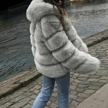 Load image into Gallery viewer, Furry Tales Fur Coat, Hooded Faux Fur Black / Brown / Dark Gray