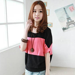 Women Fashion Short Batwing Sleeve Loose T-shirt Blouse Color Splicing Tee Shirt