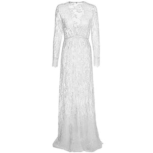 Women Sexy Deep V Neck Long Sleeve Lace See Through Evening Party Maxi Dress