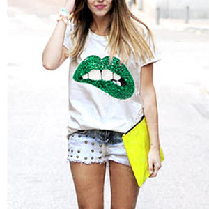 Women's Fashion Loose Casual Cotton Short Sleeve Lip Sequins Blouse T-shirt Tops