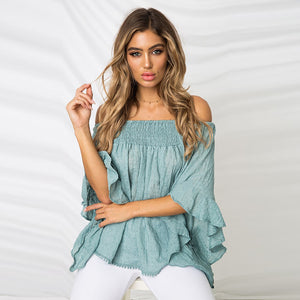 Summer Fashion Women Off-the-Shoulder Long Sleeve T-shirt Leaves Print Top Tee