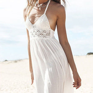 Women's Fashion Hollow Crochet Backless Bohemian Summer Beach Maxi Dress