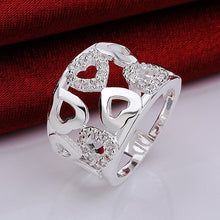 Load image into Gallery viewer, Women 925 Sterling Silver Plated Rhinestone Wide Band Cluster Hollow Heart Ring