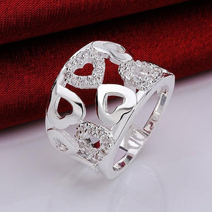 Women 925 Sterling Silver Plated Rhinestone Wide Band Cluster Hollow Heart Ring