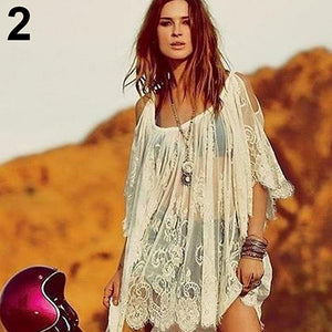 Women's Fashion Hollow Beach Sling Dress Sexy Lace See-through Sundress Top