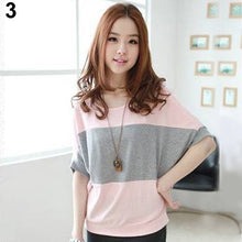 Load image into Gallery viewer, Women Fashion Short Batwing Sleeve Loose T-shirt Blouse Color Splicing Tee Shirt