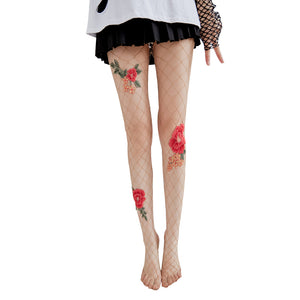 Women Sexy See-through Flower Rhinestone Grid Long Stockings Pantyhoses
