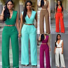 Load image into Gallery viewer, Women Sleeveless V-Neck High Waist Wide Leg Romper Pants Jumpsuit with Belt