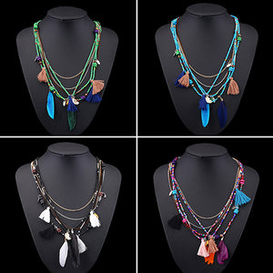 Women's Boho Ethnic Style Feathers Tassels Beads Multi-layer Chain Necklace