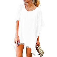 Load image into Gallery viewer, Women Summer Chiffon Pompom Trim Tassel Beach Dress Swimsuit Bikini Cover Up