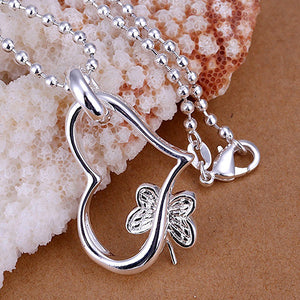 Women's Jewelry 925 Sterling Silver Hollow Heart Butterfly Pendant Necklace