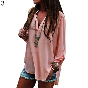 Women's Long Sleeve V Neck Top Loose Baggy Casual Pure Color Blouse Plus Size