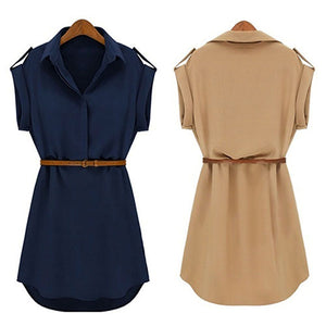 Women's Casual V-neck Cap Sleeve Solid Color Chiffon Shirt Dress with Brown Belt