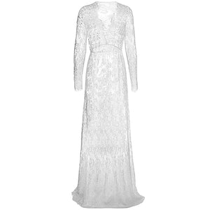 Women Sexy Deep V Neck Long Sleeve Lace See Through Evening Party Maxi Dress