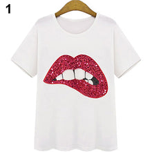 Load image into Gallery viewer, Women&#39;s Fashion Loose Casual Cotton Short Sleeve Lip Sequins Blouse T-shirt Tops