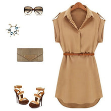 Load image into Gallery viewer, Women&#39;s Casual V-neck Cap Sleeve Solid Color Chiffon Shirt Dress with Brown Belt