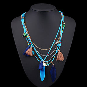 Women's Boho Ethnic Style Feathers Tassels Beads Multi-layer Chain Necklace