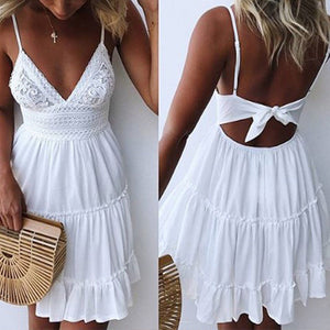 Women Summer Beach Fashion V-Neck Slim Fit Sleeveless Bow Backless Mini Dress