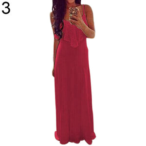 Women's Sexy Casual Lace Patchwork Spaghetti Strap Long Beach Dress Maxi Dress