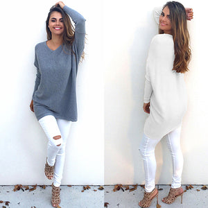 Women Pure Color Loose Casual V Neck Long Sleeve Pullover Dress Top Blouse Sweater