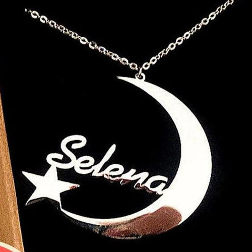 Customize This Crescent Moon And Star Nameplate Necklace