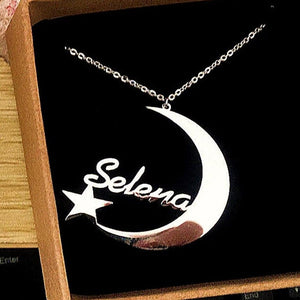 Customize This Crescent Moon And Star Nameplate Necklace