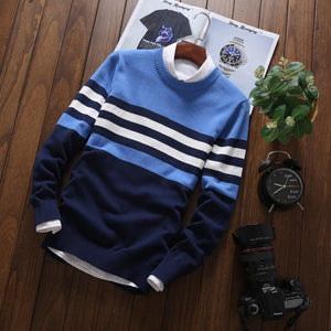 Warm Casual Pullover Men Round Neck Patchwork Knitted  Men Sweaters