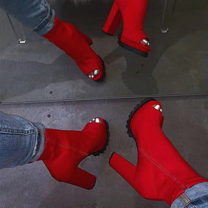 Women Sexy Peep Toe Platform Zip Thick High Heels Ankle Boot