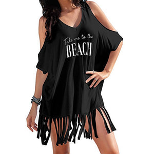 Womens Tassel Letters Print Swimwear Bikini Cover-UPS Beach Dress