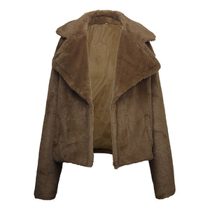 Sweet Short Faux Fur Coat, Turndown Long Sleeve  Wine / Light Brown / Army Green